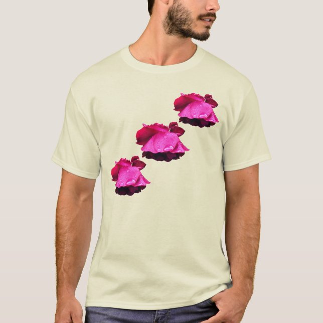 Röd ros regndroppar, blommor t shirt (Framsida)