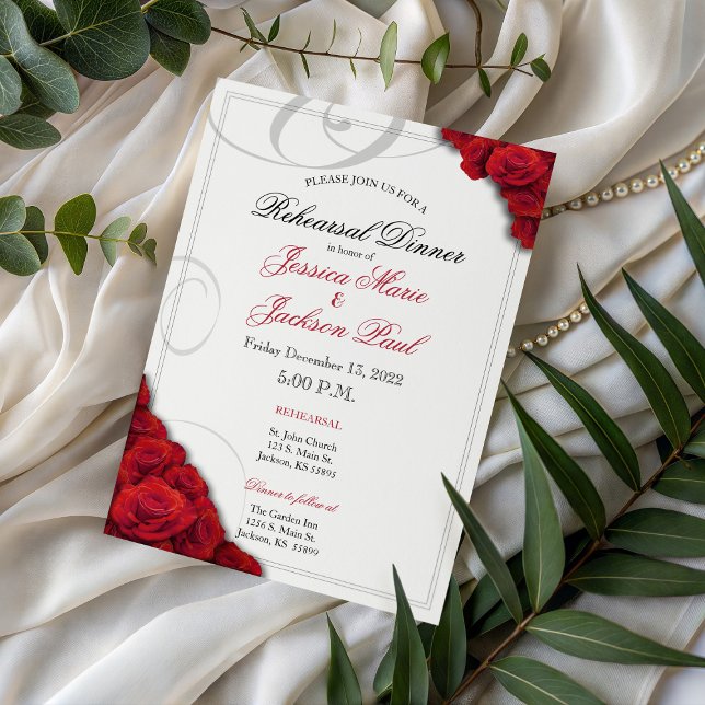 Röd ros Rehearsal Middagsinbjudan Inbjudningar (Red Roses Rehearsal Dinner Invitation)
