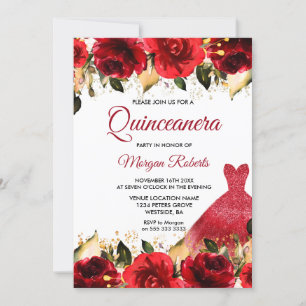 Röd ros Romantic Blommigt Gown Quinceanera Party Inbjudningar