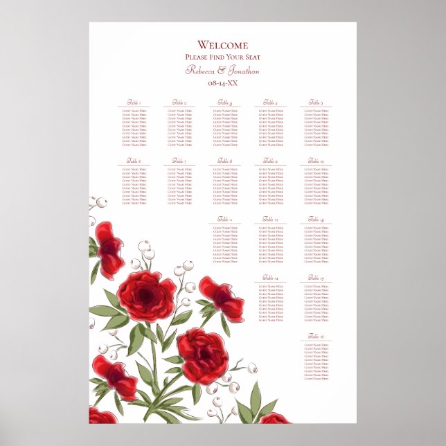 Röd Ros Romantisk Bröllops Sittplatskarta Poster (Framsidan)