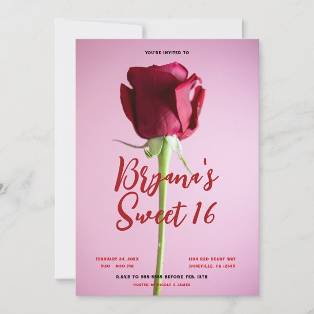 Röd ros Rosa Sweet 16 Födelsedagsfest Inbjudningar (Framsida)