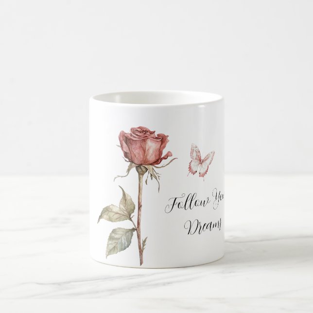 Röd Ros Rosa Vit Fjäril Drömmar Kaffemugg (Center)