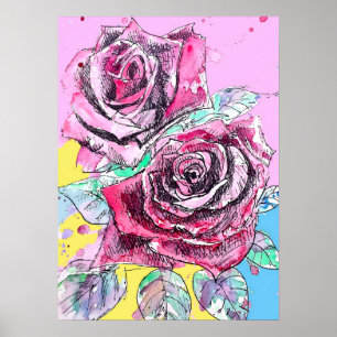 Röd Ros Rosor Blommig Blomma Akvarell Affisch
