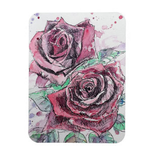 Röd ros rosor Blommig Blommor Akvarell Magnet