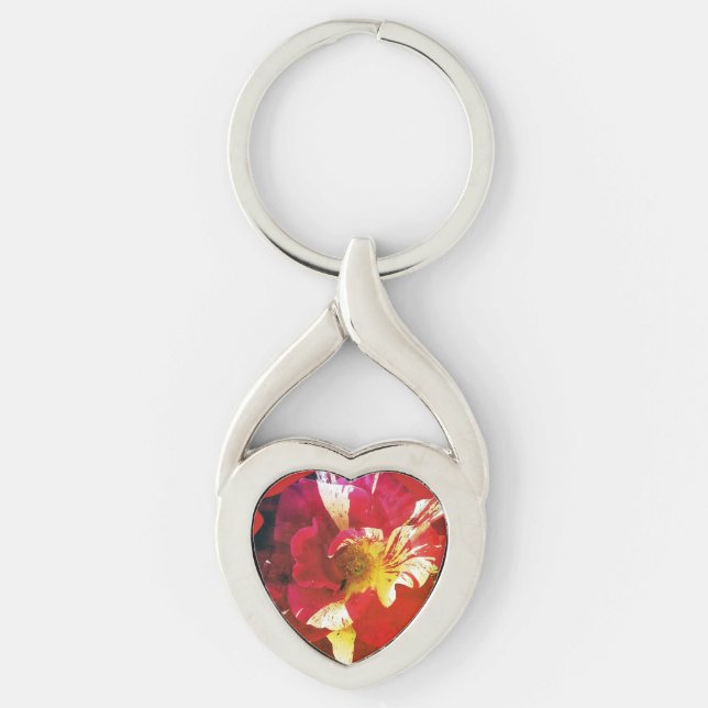 Röd Ros Rund Kudde Twisted Heart Silverfärgad Nyckelring (Framsidan)