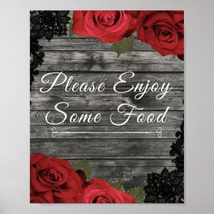 Röd ros Rustic Black Snöre Bröllop Food Sign Poster