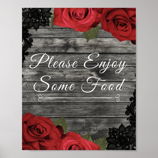 Röd ros Rustic Black Snöre Bröllop Food Sign Poster (Framsidan)
