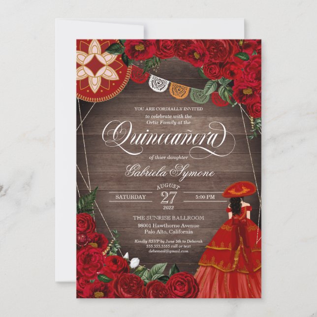 Röd ros Rustic Charra/Mariachi Dress Quinceañera  Inbjudningar (Framsida)