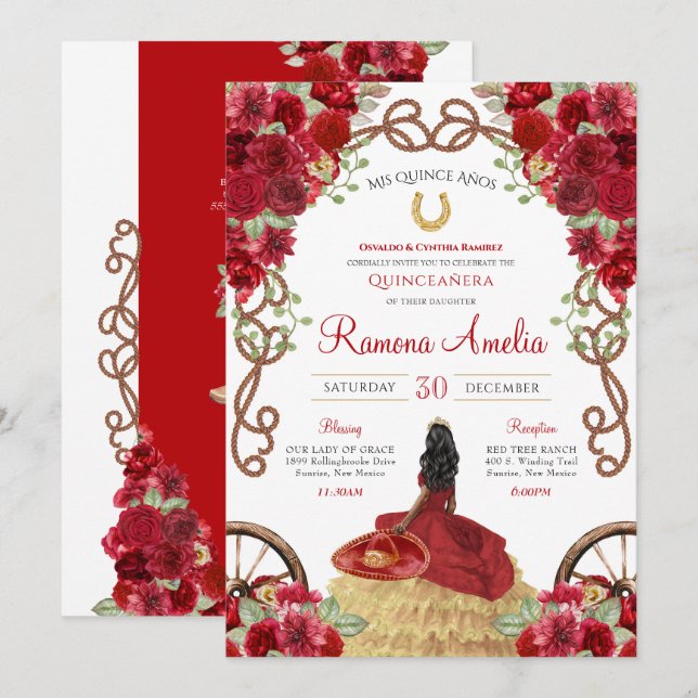 Röd ros Rustic Charro Western Quinceañera Inbjudningar (Fram/baksida)