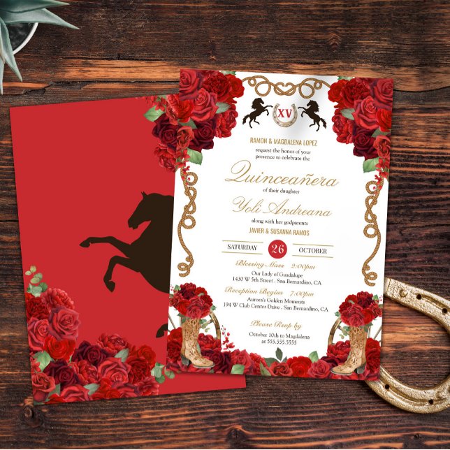 Röd ros Rustic Elegant Charro Quinceañera Inbjudningar (Skapare uppladdad)