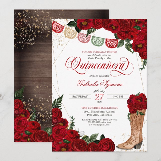 Röd ros Rustic Western Charro Boots Quinceañera Inbjudningar (Fram/baksida)