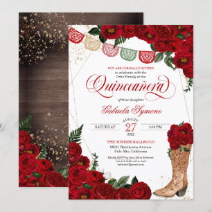 Röd ros Rustic Western Charro Boots Quinceañera Inbjudningar