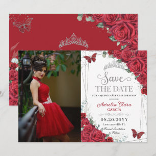 Röd ros Silver Butterflies Quinceanera Sweet 16 Spara Datumet