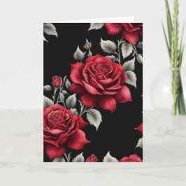 Röd ros Silver Foliage on Black Goth Valentine Helgkort