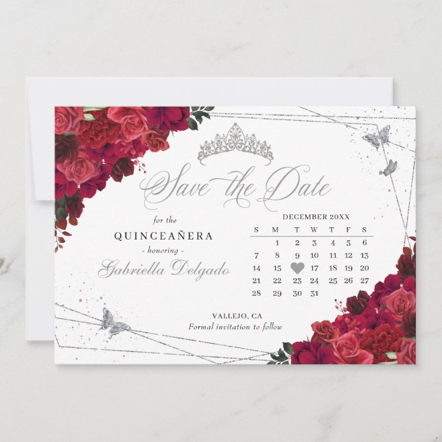 Röd ros & Silver Quinceañera Spara datum Inbjudningar (Framsida)