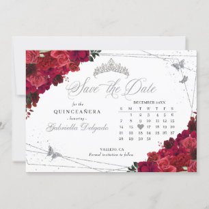 Röd ros & Silver Quinceañera Spara datum Inbjudningar