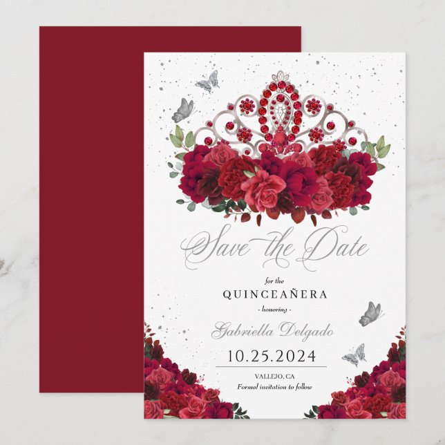 Röd ros & Silver Tiara Spara datumet Quinceañera Inbjudningar (Fram/baksida)