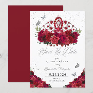 Röd ros & Silver Tiara Spara datumet Quinceañera Inbjudningar