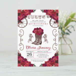 Röd ros Silver Western Cowgirl Boots Quinceanera Inbjudningar