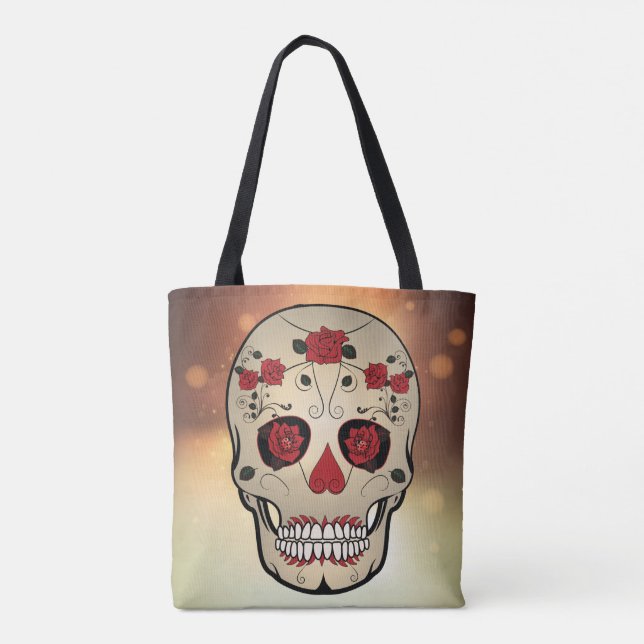 Röd ros Skull Bag - Tote Day of the dead Tygkasse (Baksida)