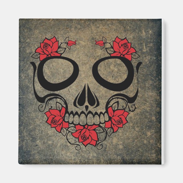 Röd ros Skull Magnet (Framsidan)