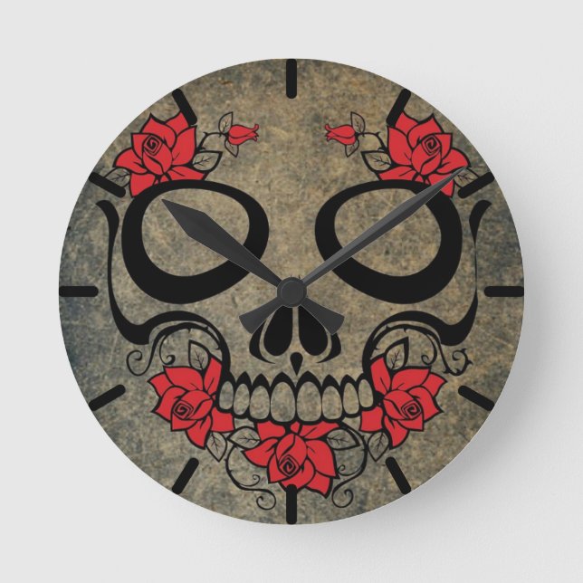 Röd ros Skull Rund Klocka (Framsida)