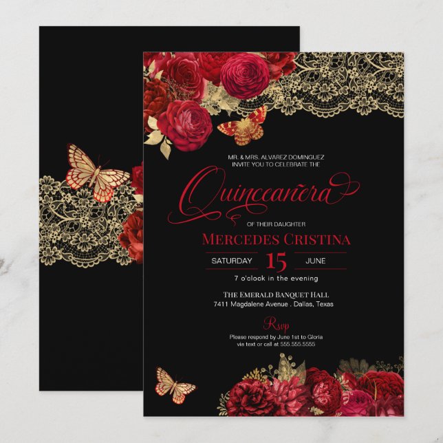 Röd ros & Snöre Glamous Butterfly Quinceañera I Inbjudningar (Fram/baksida)