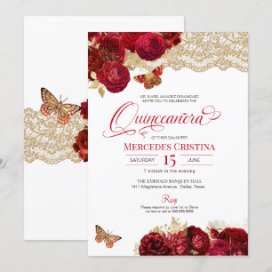 Röd ros & Snöre Glamous Butterfly Quinceañera I Inbjudningar