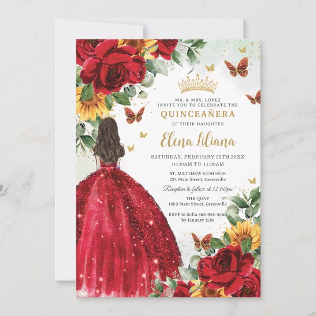 Röd ros Solblommor Blommigt Quinceañera Sweet 16 Inbjudningar (Framsida)