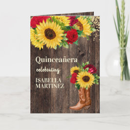 Röd ros Solblommor Cowgirl Boots Quinceanera Kort