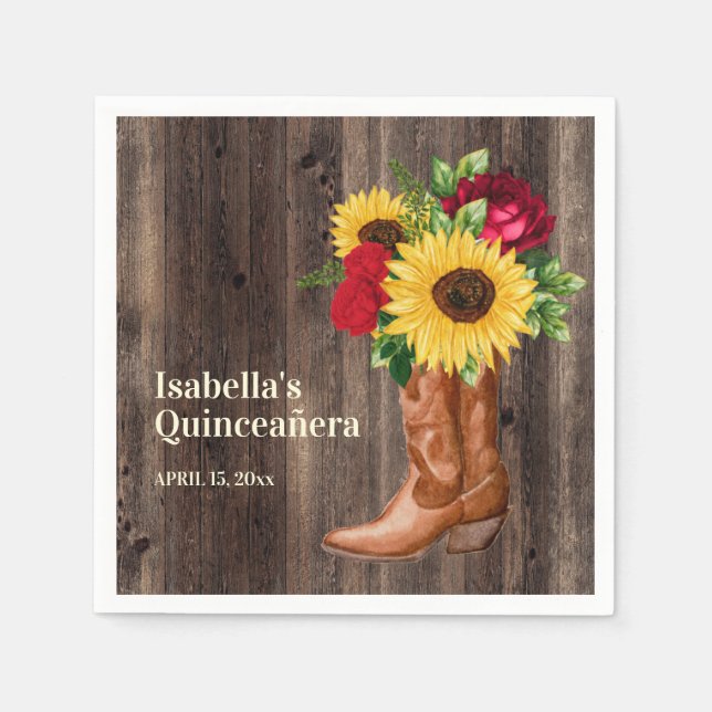 Röd ros Solblommor Cowgirl Boots Quinceanera Pappersservett (Framsidan)