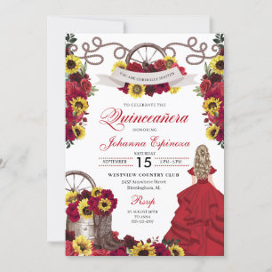 Röd ros Solblommor Cowgirl Western Quinceanera Inbjudningar