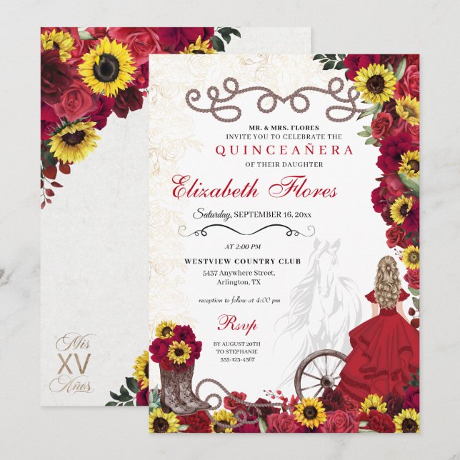 Röd ros Solblommor Cowgirl Western Quinceanera Inbjudningar (Fram/baksida)