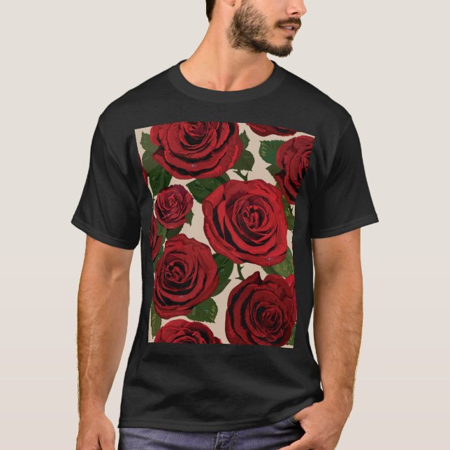 Röd ros: Sömlös Blommigt - bakgrund T Shirt (Framsida)