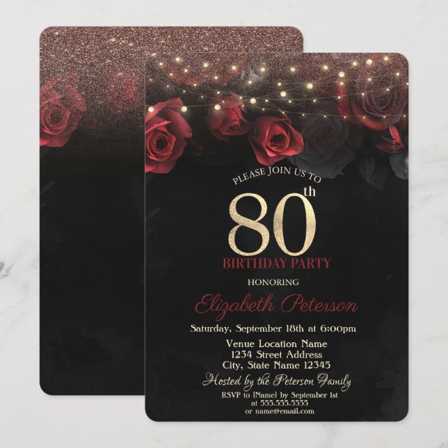 Röd ros,String Ljus Glitter 80:e födelsedagen Inbjudningar (Fram/baksida)