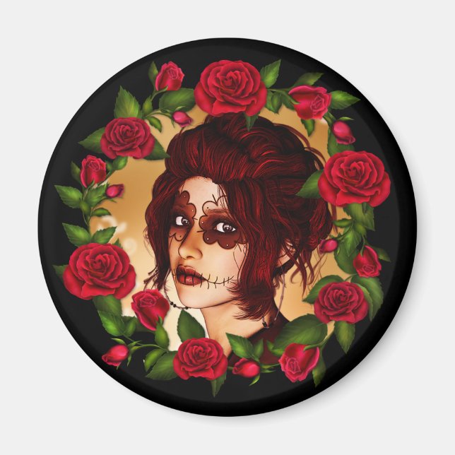 Röd ros Sugar Doll Magnet (Framsidan)