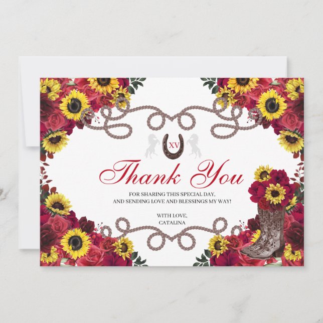 Röd ros Sunblommor Charro Quinceanera Tack Kort (Framsida)