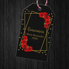 Röd Ros Svart och Guld Quinceañera Presentetikett