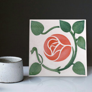 Röd ros Symmetric Art Deco Ceramic Tile Kakelplatta