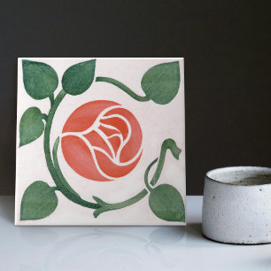 Röd ros Symmetric Art Deco Ceramic Tile Kakelplatta