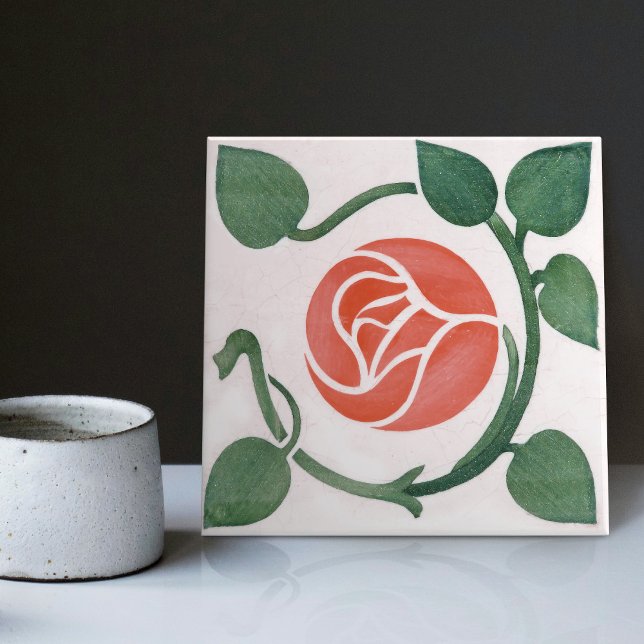 Röd ros Symmetric Art Deco Ceramic Tile Kakelplatta (Skapare uppladdad)