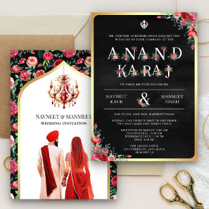Röd Ros Typografi Svart Anand Karaj Sikh Bröllop Inbjudningar