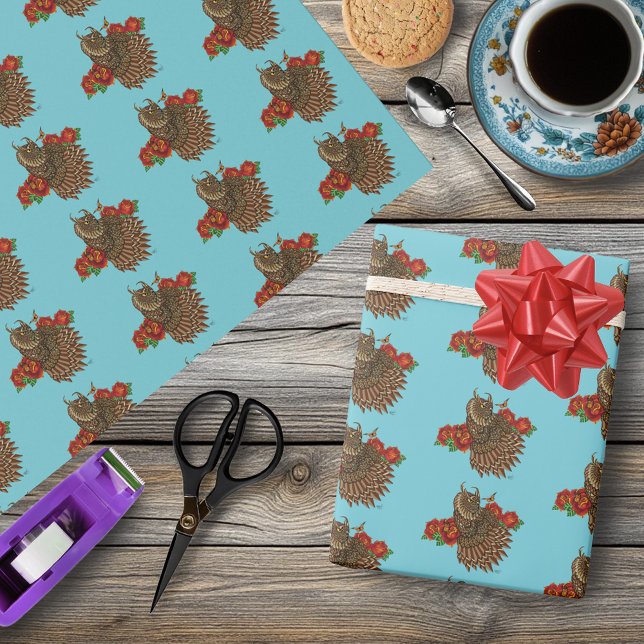 Röd ros Uggla Blue Presentpapper (Skapare uppladdad)