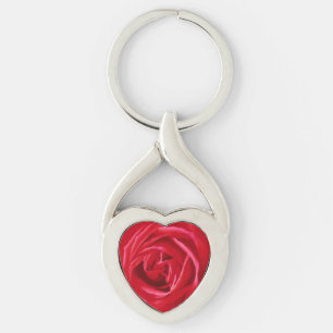 Röd ros-utskrift twisted heart silverfärgad nyckelring
