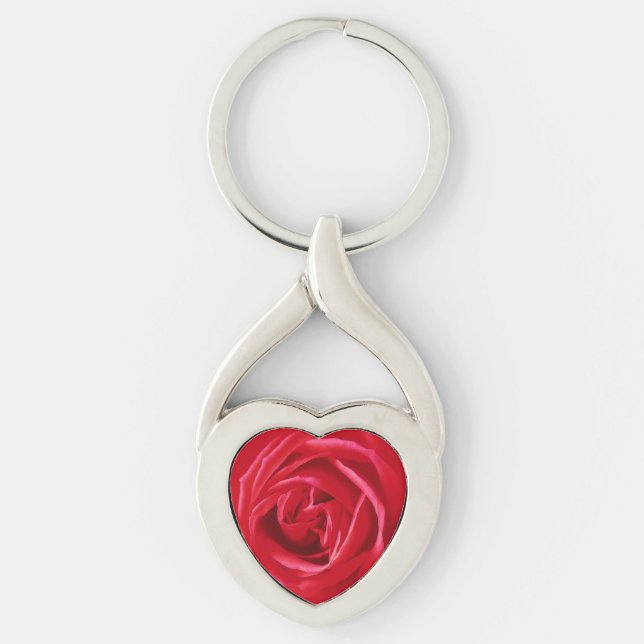 Röd ros-utskrift twisted heart silverfärgad nyckelring (Framsidan)