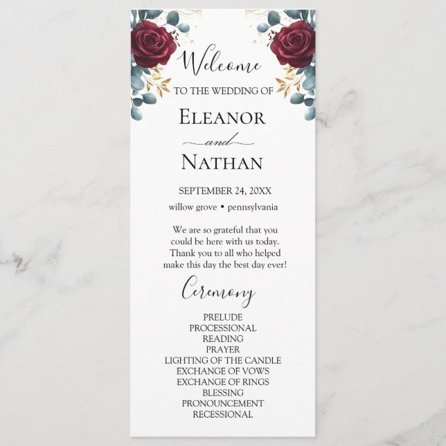 Röd ros Vår Sommar bröllop Program (Framsida)