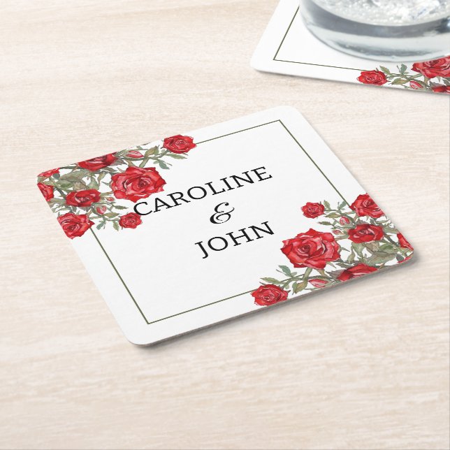 Röd Ros Vattenfärg Blommig Bröllop  Underlägg Papper Kvadrat (Vinklad)