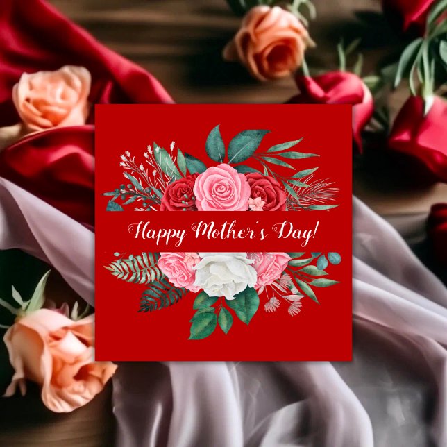 Röd Ros Vattenfärg Blommig Mors Dagskort Kort (Red Rose Watercolor Floral Mother's Day Card)