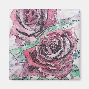 Röd Ros Vattenfärg Blommor Blommig Målning Magnet