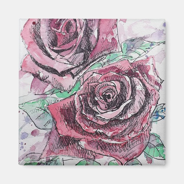 Röd Ros Vattenfärg Blommor Blommig Målning Magnet (Framsidan)